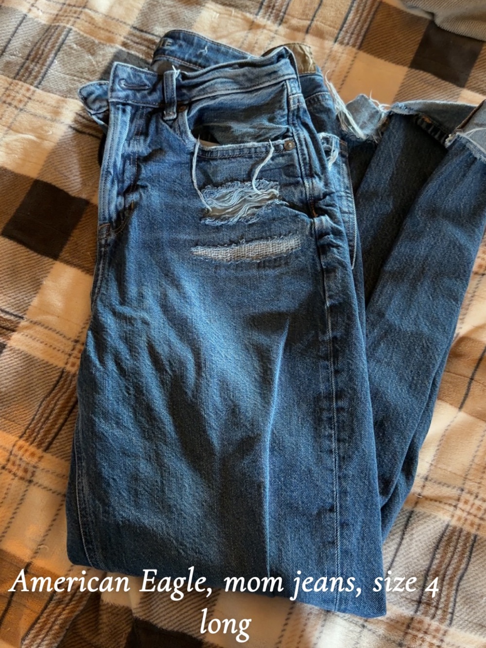 American Eagle Outfitters Dark Blue Distressed High-Rise Mom Jeans